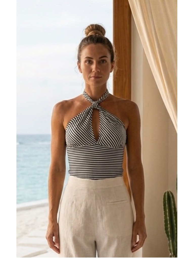 See You Monday Black White Striped Halter Top Ruched Side Tie Y2k Nwt Large